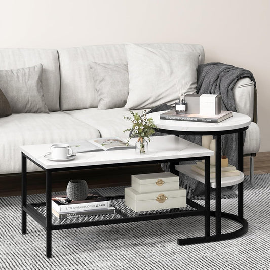 Salontafel – Bijzettafel – Woonkamertafel – Sofa Tafel – 2-Delige Set – Marmerlook Tafelbladen – Stevig Metalen Frame
