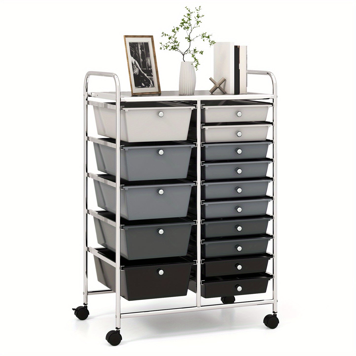 15-laden Opberwagen – Rollende Gereedschapswagen – Opbergtrolley – Organizer – Utility Cart – 15 Verwijderbare Laden – Vergrendelbare Zwenkwielen – Zwart Metalen Frame