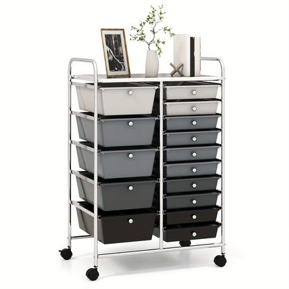 15-laden Opberwagen – Rollende Gereedschapswagen – Opbergtrolley – Organizer – Utility Cart – 15 Verwijderbare Laden – Vergrendelbare Zwenkwielen – Zwart Metalen Frame
