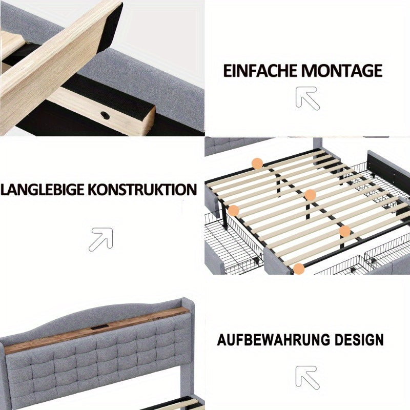 Bedframe – Bed – Bedombouw – Bedstel – Bedbodem – 140x200 cm – Duurzame Niet-Houten Constructie – Gestoffeerd Grijs Linnen
