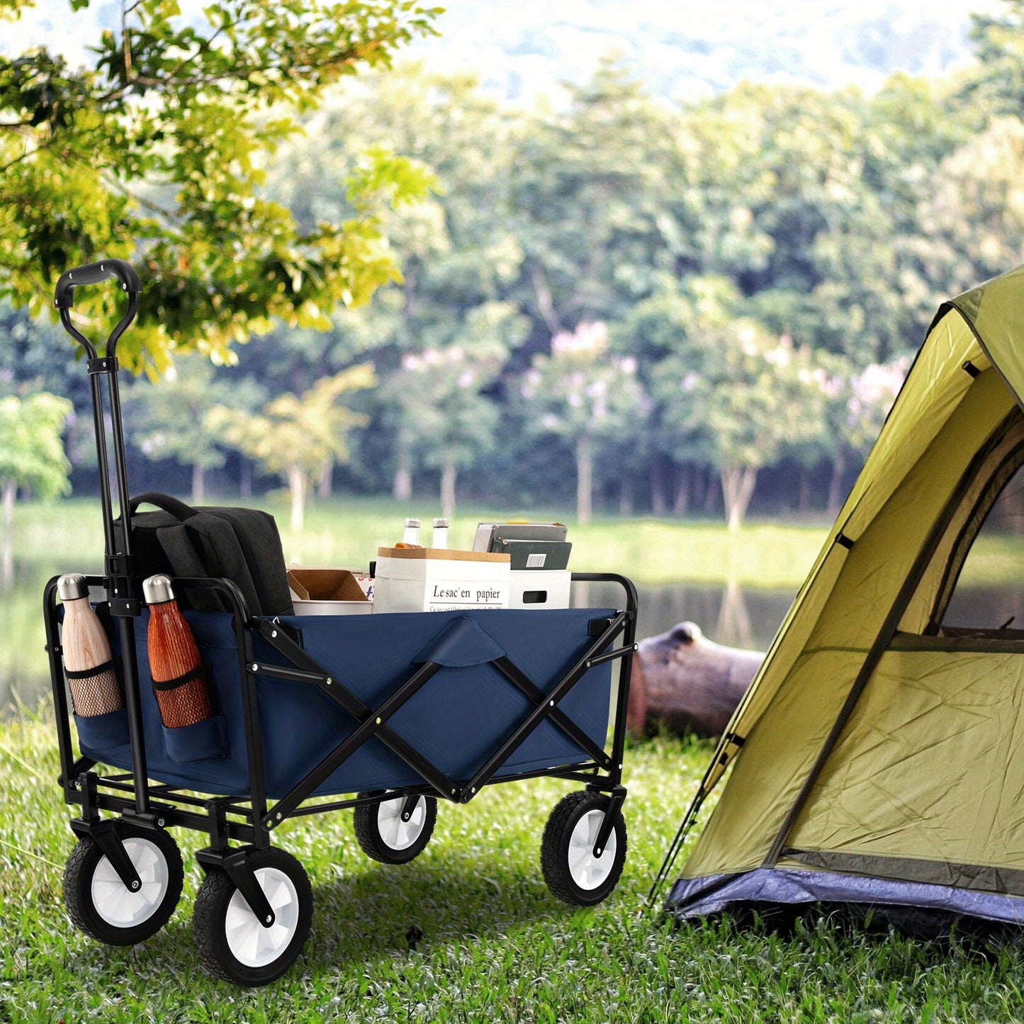 Bolderwagen – Bolderkar – Trekkar – Strandkar – Transportwagen – Opvouwbaar – Met Verstelbare Handgreep – 82L Inhoud – Stevig Metalen Frame – Blauw