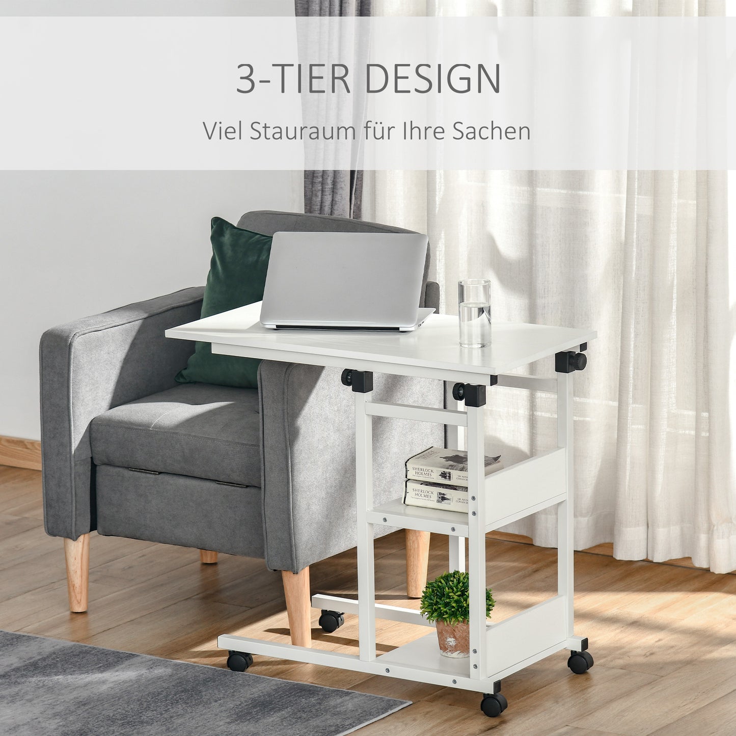 Zijtafeltje – Bijzettafel – Nachtkastje – Serveerwagen – Mobiel Tafeltje – Verstelbare Hoogte 72-82 cm – Metalen Frame Met 2 Opbergrekken