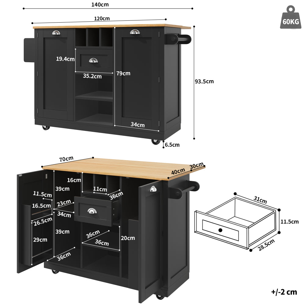 Kitchen Island – Sideboard – Buffetwagen – Keukentrolley – Serveerwagen – Zwart – Met Wijnrek – 4 Zwenkwieltjes