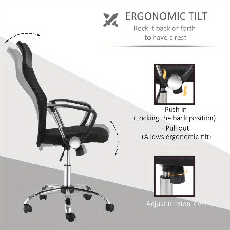 HOMCOM Ergonomic Office Chair Adjustable Height Mesh Computer Desk Chair with 360° Swivel & Tilt Tension Control, Breathable Black Mesh Backrest & Metal Frame, Manual Operation for Home Office & Gaming, Office Desk Chair, St