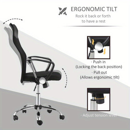 HOMCOM Ergonomic Office Chair Adjustable Height Mesh Computer Desk Chair with 360° Swivel & Tilt Tension Control, Breathable Black Mesh Backrest & Metal Frame, Manual Operation for Home Office & Gaming, Office Desk Chair, St