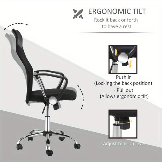 HOMCOM Ergonomic Office Chair Adjustable Height Mesh Computer Desk Chair with 360° Swivel & Tilt Tension Control, Breathable Black Mesh Backrest & Metal Frame, Manual Operation for Home Office & Gaming, Office Desk Chair, St