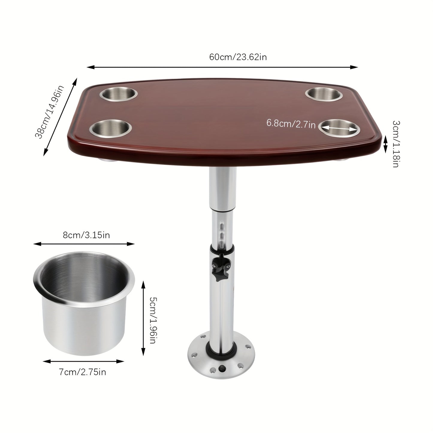 Verstelbare Tafel – Kampeertafel – Caravantafel – Boottafel – Campertafel – Eikenhouten Blad – 4 Bekerhouders – Hoogte Verstelbaar 56,5-72 cm