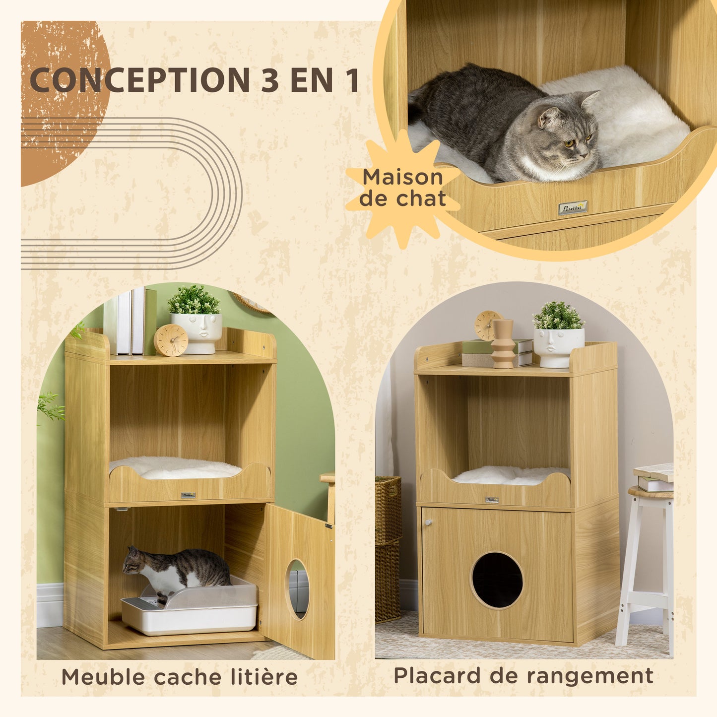 Kattenbakmeubel – Kattenhuisje – Kattenverblijf – Kattenmeubel – Kattenkast – 3 Niveaus Met Deur – Inclusief Zachte Kussen – Afm. 60x45x103 cm – Eiken Look