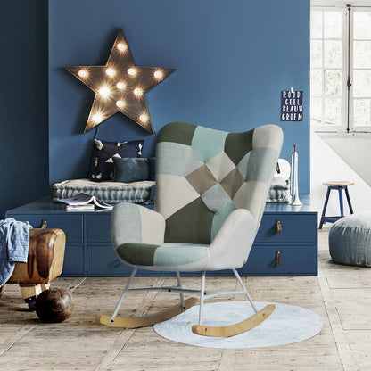 Relaxfauteuil – Fauteuil – Schommelstoel – Stoel – Zetel – Patchwork Stof – Schommelfunctie – Metalen Frame en Houten Poten – 85x69x98 cm