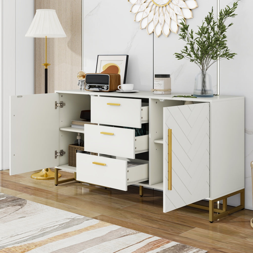 Dressoir – Opbergkast – Buffetkast – Ladekast – Wandkast – Wit – Visgraatpatroon – 2 Deuren & 3 Laden – Eigentijds Design