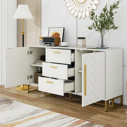 Dressoir – Opbergkast – Buffetkast – Ladekast – Wandkast – Wit – Visgraatpatroon – 2 Deuren & 3 Laden – Eigentijds Design