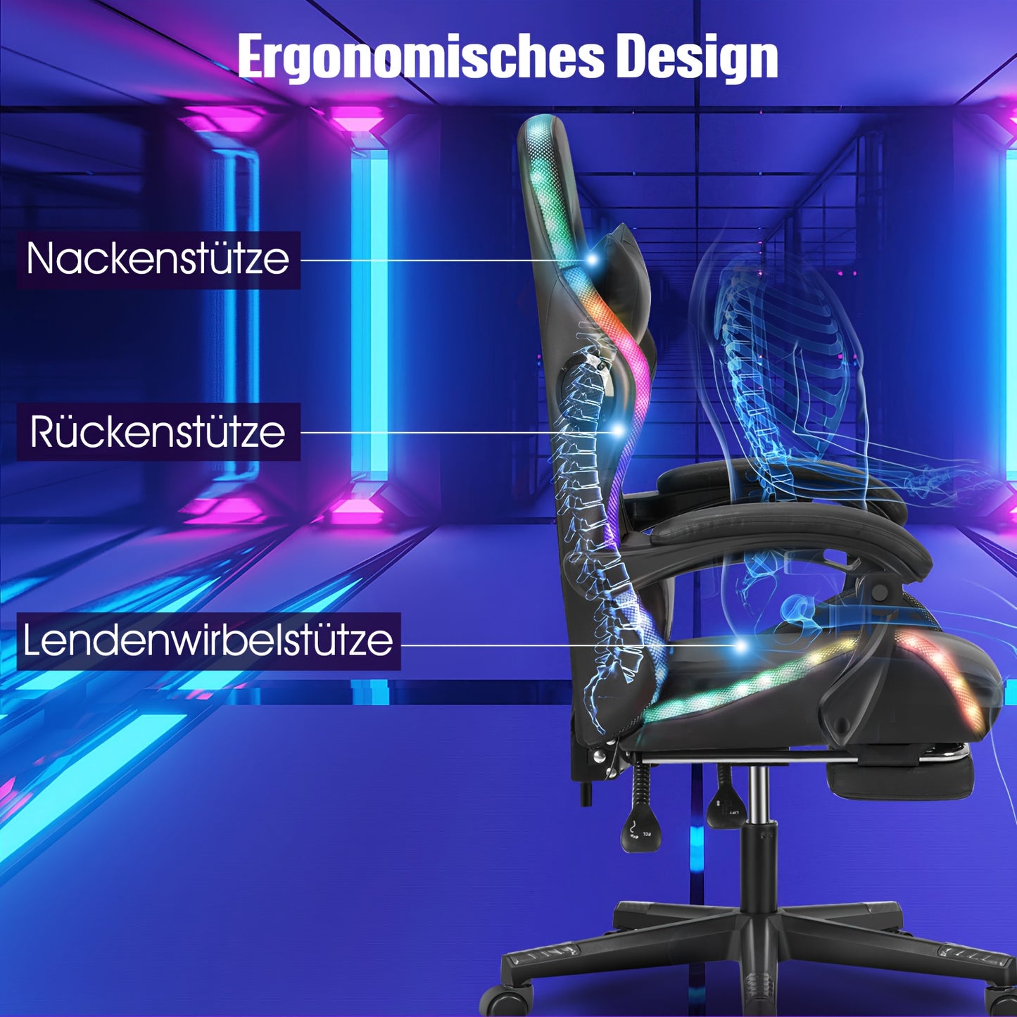 Gamingstoel – Bureaustoel – Draaistoel – Ergonomische Stoel – Zwarte RGB Verlichting – Verstelbare Rugleuning 135° – Memory Foam Zitting