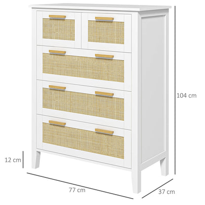 Commode – Ladekast – Opbergkast – Dresser – Kastje – 5 Laden – Massief Houten Handgrepen – Metalen Schuifrails – Wit