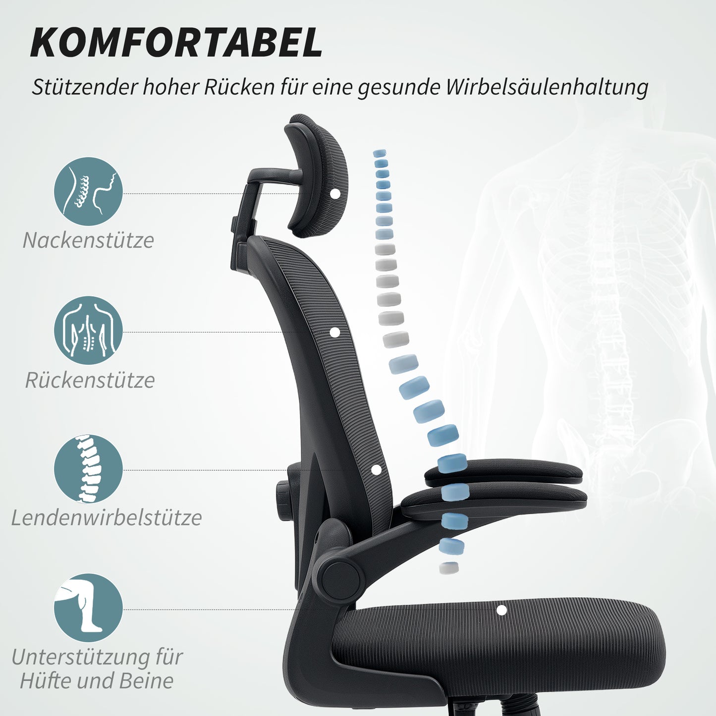 Ergonomische bureaustoel – Comfortabele werkstoel – Office chair – Desk chair – Zwarte bureaustoel – Verstelbare lendensteun – Opklapbare armleuningen