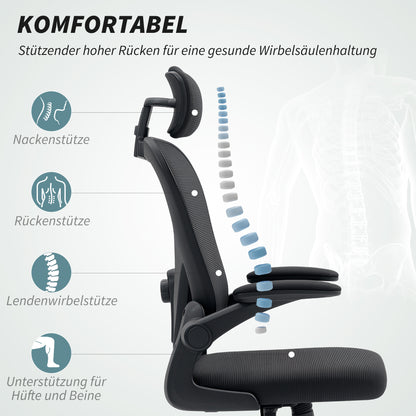Ergonomische bureaustoel – Comfortabele werkstoel – Office chair – Desk chair – Zwarte bureaustoel – Verstelbare lendensteun – Opklapbare armleuningen