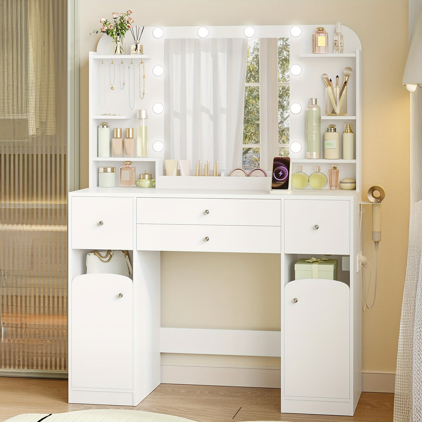 Make-up Tafel – Kaptafel – Make-up Organizer – Cosmeticatafel – Schminktafel – Verstelbare LED Verlichting – Haardrogerhouder – 108 cm Breed – 2 Lades & 2 Kasten - Wit