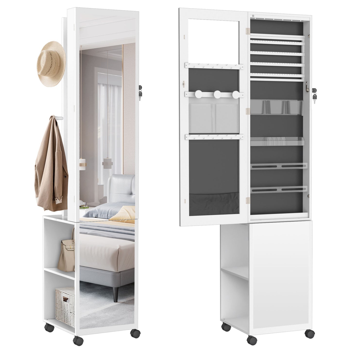 Sieradencabinet – Sieradenkastje – Spiegelkast – Organizer – Accessoirekast – Met Slot en Wieltjes – MDF Met Fluwelen Voering – Volledige Spiegel 36x40x170 cm – Mobiel en Veilig Opbergen