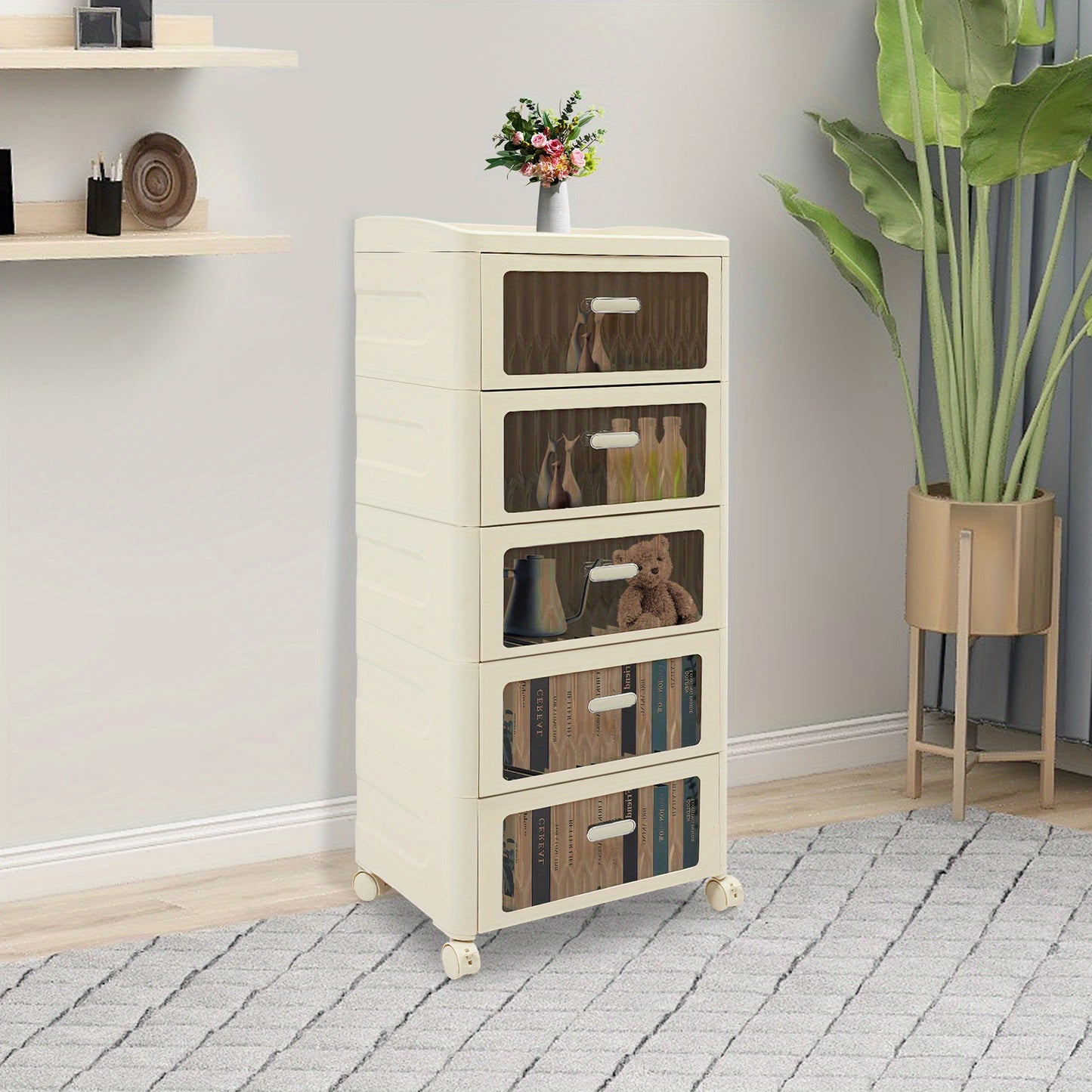 Opbergkast – Opbergbox – Ladenkast – Opbergrek – Organizer – 5 Laden – Wieltjes Met Rem – Compact 41,7x32x97 cm – Modern Wit Transparant – Stevig Lichtgewicht Plastic