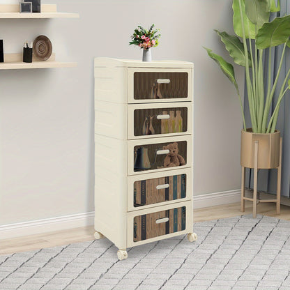 Opbergkast – Opbergbox – Ladenkast – Opbergrek – Organizer – 5 Laden – Wieltjes Met Rem – Compact 41,7x32x97 cm – Modern Wit Transparant – Stevig Lichtgewicht Plastic