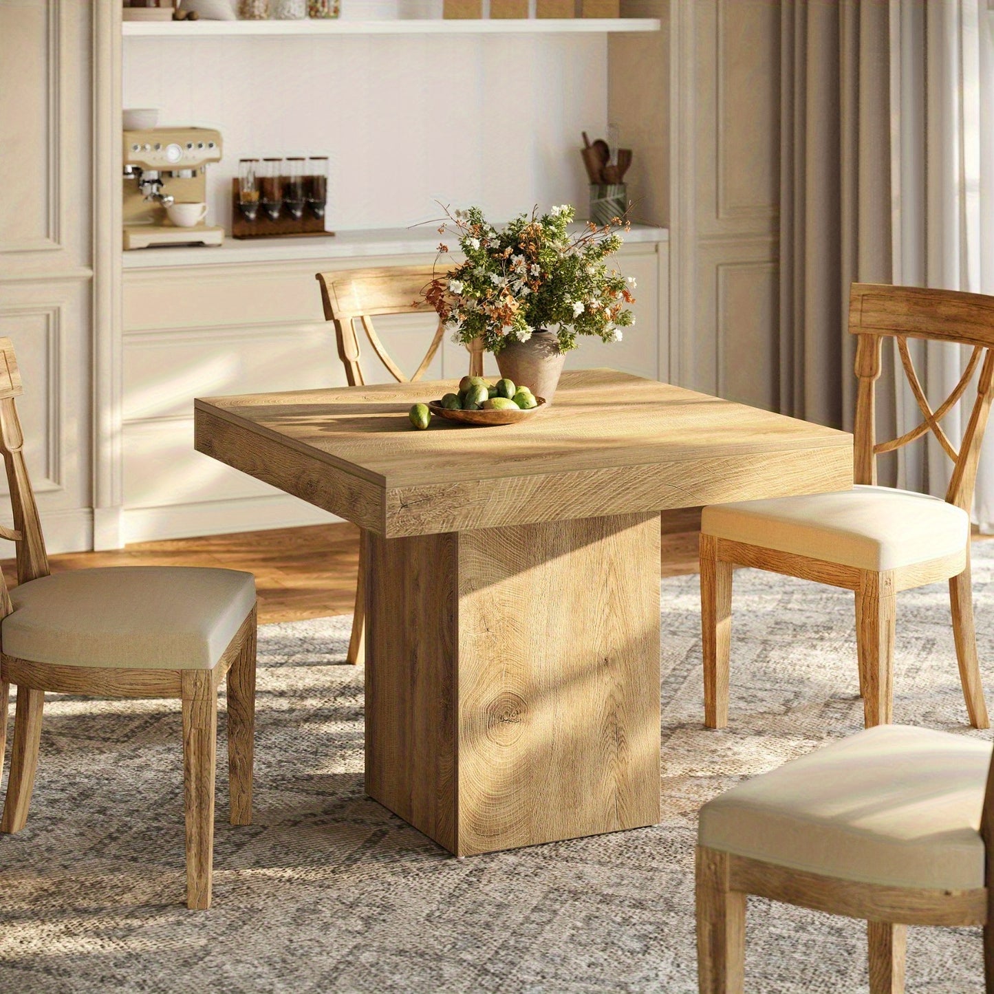 39-Inch Square Dining Table for 4, Farmhouse  Kitchen Dinner Eating Table with Sturdy Pedestal Base, Wooden Dining Room Furniture for Dining Room, Kitchen, Apartments, Natural(1pc)