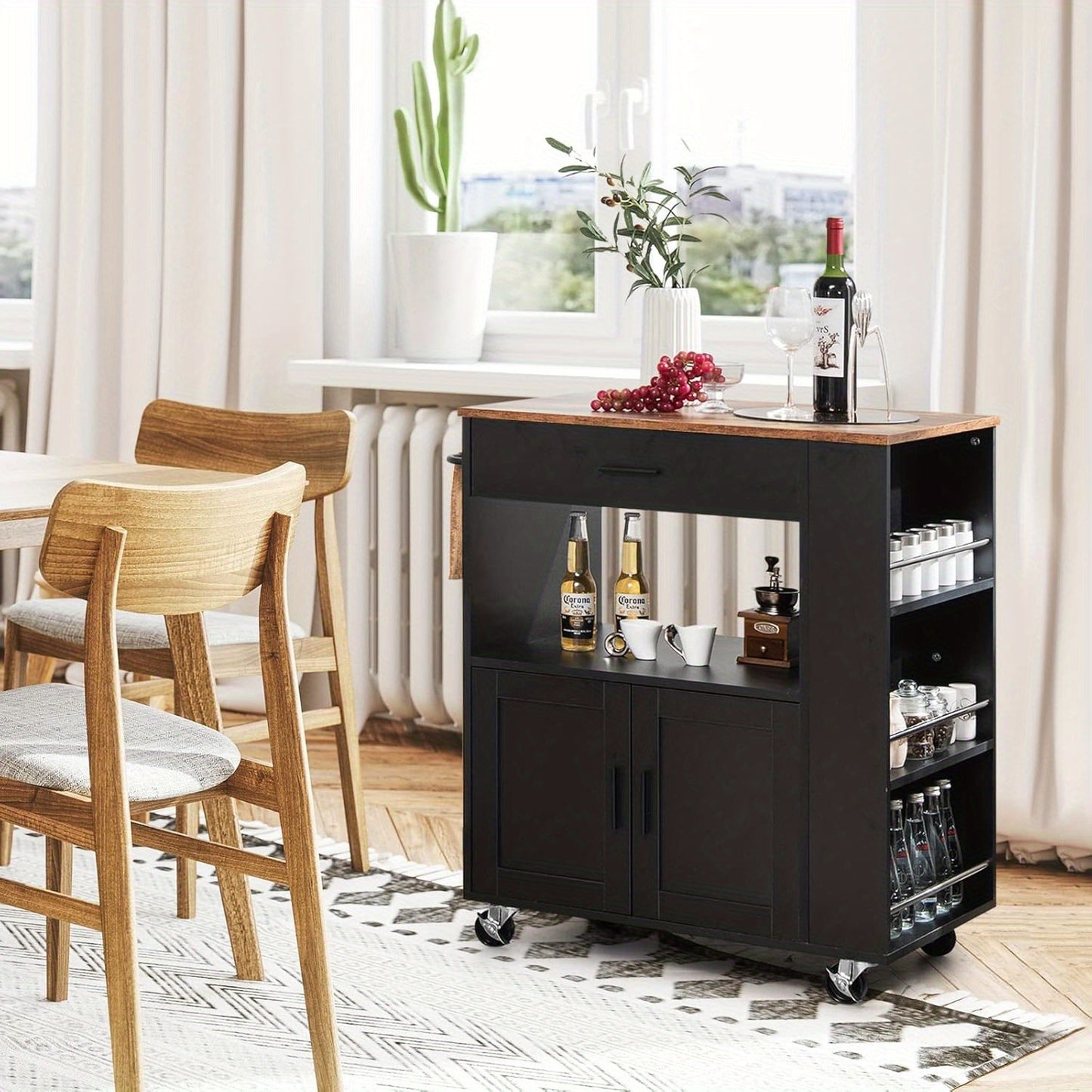 Keukenwagen – Keukentrolley – Serveerwagen – Keukeneiland – Opbergwagen – MDF Hout – 80x46x92 cm – Mobiel met 4 Wielen en 3 Kruidenrekken - Zwart