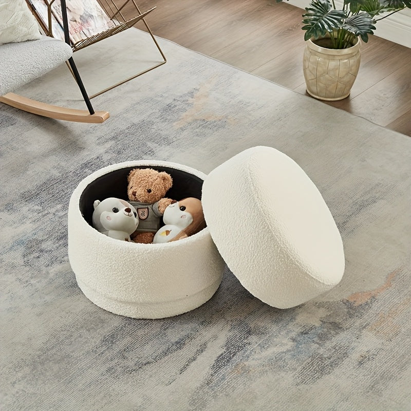 Poef – Opbergpoef – Opbergkruk – Zitzak – Voetenbankje – Ronde Opbergkruk Beige – Met Opbergruimte – Metaal & Zachte Bekleding – 45x45x46 cm – Direct Gebruiksklaar