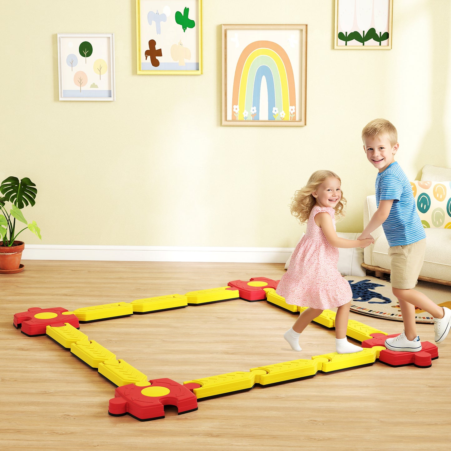 Balansparcours Kind – Balansset – Evenwichtsbaan – Motoriekspel – Speelparcours – Geel/Rood – Duurzaam Kunststof – Flexibel Modular