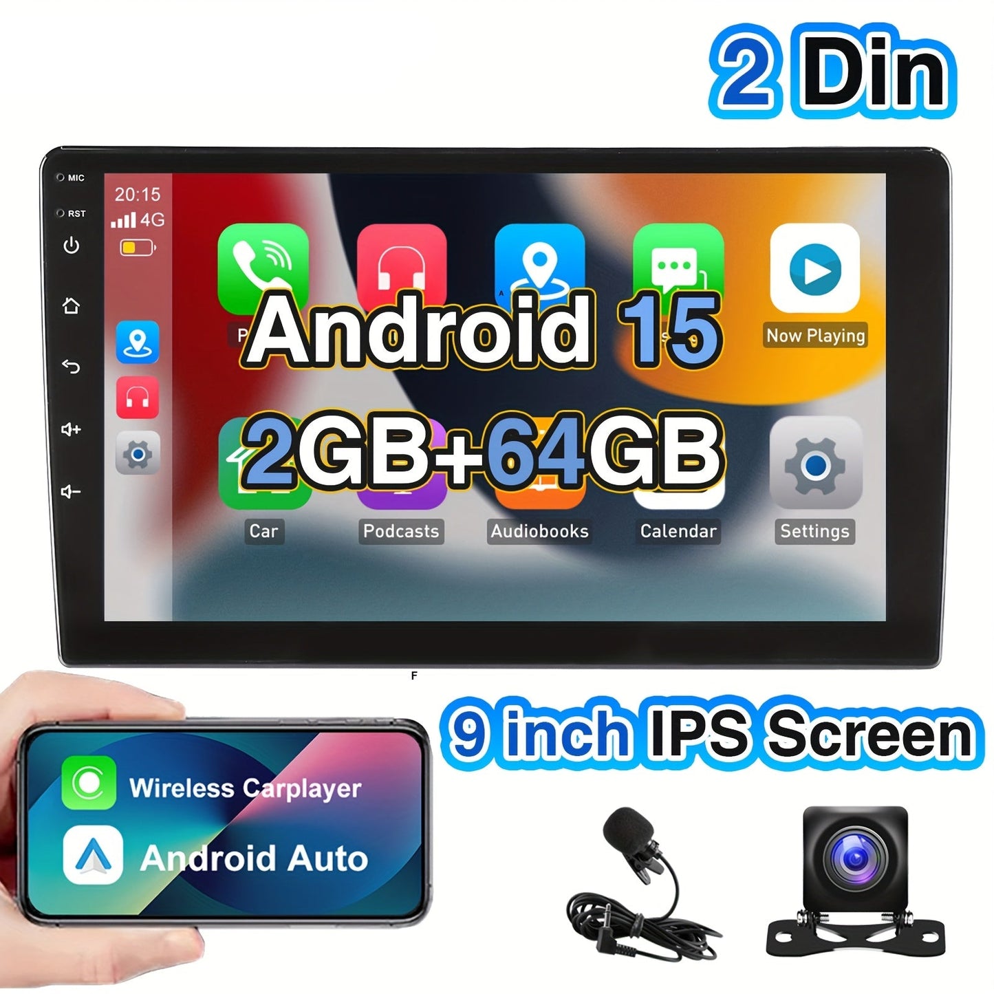 Android Autoradio – Multimedia Speler – Auto Radio – 2 DIN Headunit – Touchscreen Navigatie – 9 Inch HD Display – Draadloze CarPlay & Android Auto – Inclusief Camera en Microfoon