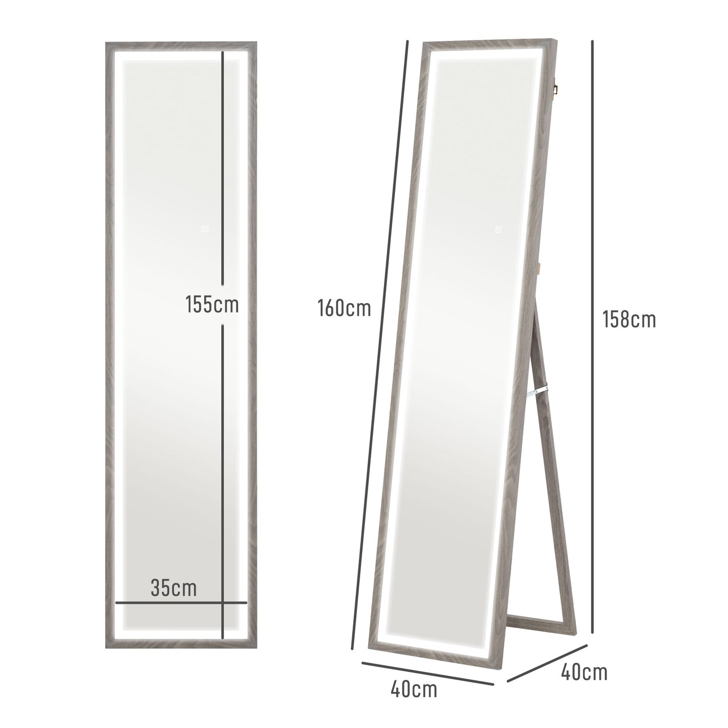 LED Volledige Lengte Spiegel – Led Spiegel – Staande Spiegel – Wandspiegel – Make-up Spiegel – Grijs Frame – 40 x 160 cm – Dimbare Touchbediening Met 3 Lichtkleuren