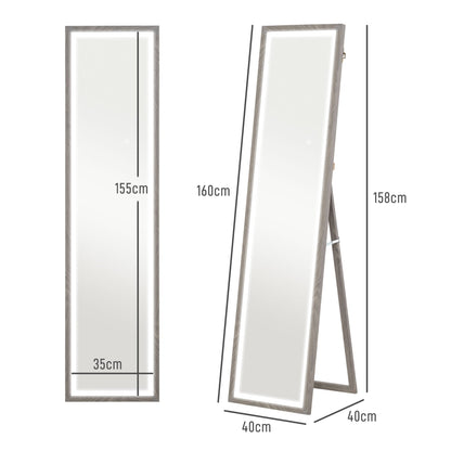 LED Volledige Lengte Spiegel – Led Spiegel – Staande Spiegel – Wandspiegel – Make-up Spiegel – Grijs Frame – 40 x 160 cm – Dimbare Touchbediening Met 3 Lichtkleuren