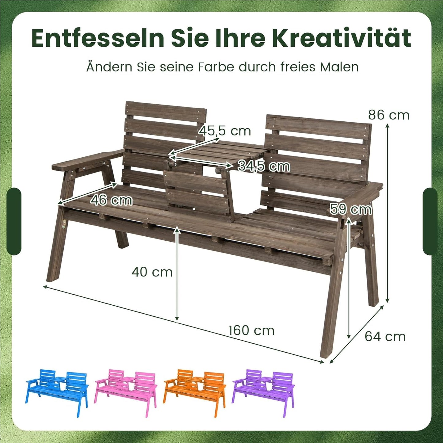Houten Tuinbank – Buitenbank – Parkbank – Balkonbank – Terrasbank – Opvouwbare Middentafel – Belastbaar Tot 320 Kg – 160x64x86 Cm