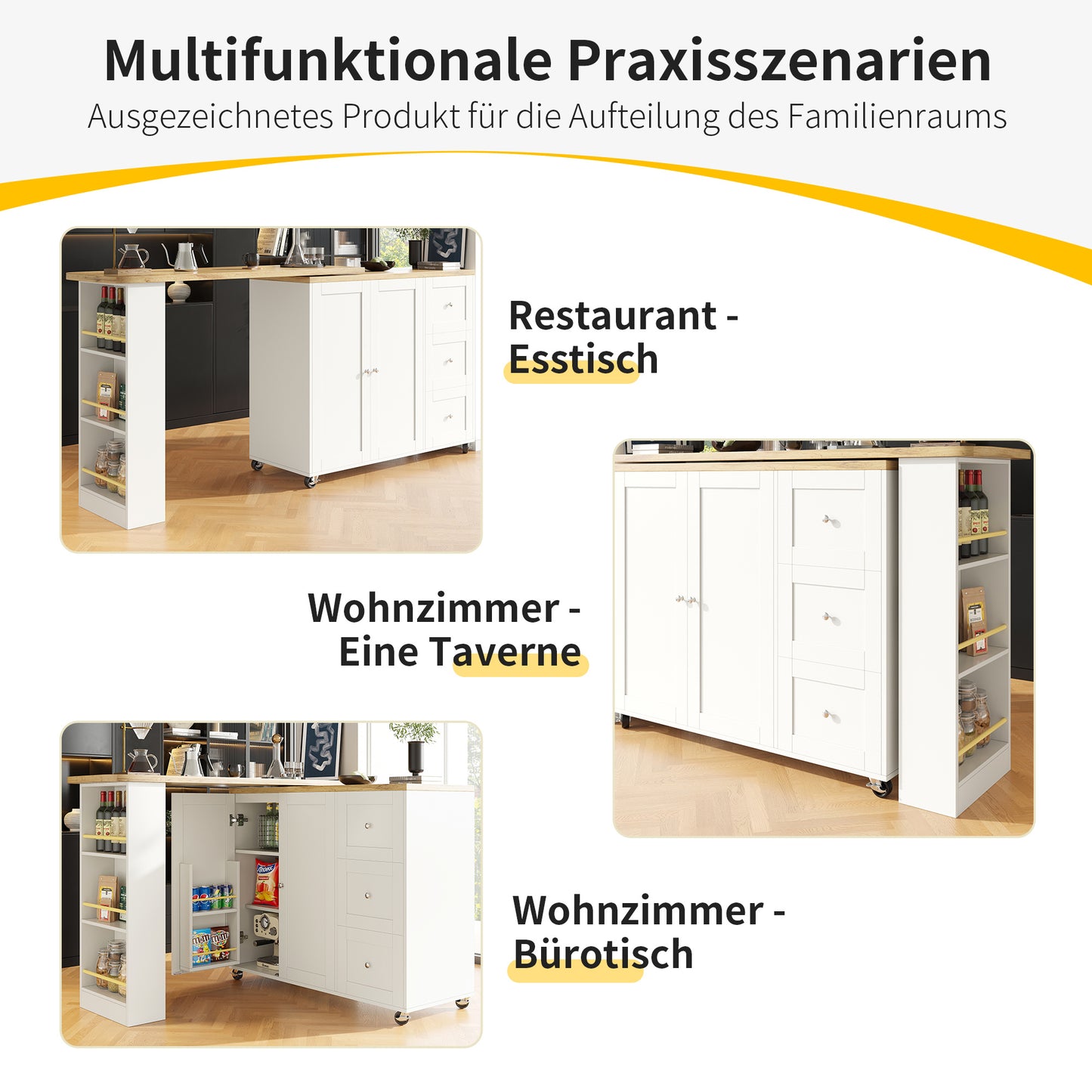 Dressoir – Sideboard – Opbergkast – Ladekast – Draaibaar 360° – Uittrekbare Lengte 135-203 cm – Met Wieltjes en Lade