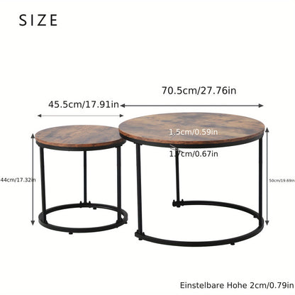Set van 2 Ronde Bijzettafels – Salontafel – Nachtkastje – Tafelset – Side Table – Bruin Metalen Frame – Ruimtebesparend Ontwerp – Eenvoudig Montagedesign