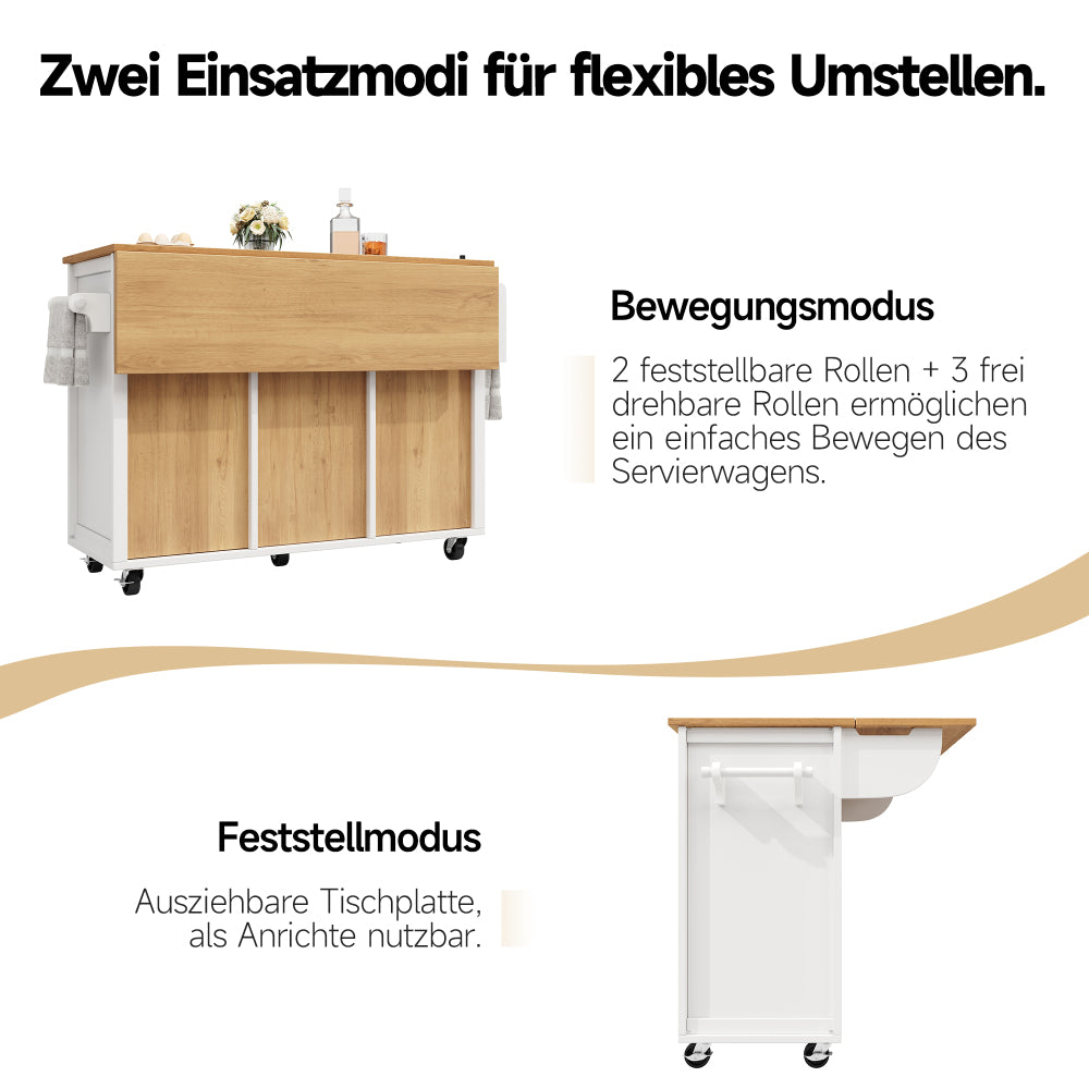 White Mobile Kitchen Island Cart with 4 Drawers, 2 Doors & Adjustable Shelves - Heavy-Duty Metal Frame on Locking Casters, Pull-Out Trolley, Spice Rack & Towel Rail - Compact Rolling Cabinet for Small Spaces, Easy Assembly (N