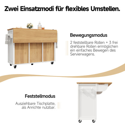 White Mobile Kitchen Island Cart with 4 Drawers, 2 Doors & Adjustable Shelves - Heavy-Duty Metal Frame on Locking Casters, Pull-Out Trolley, Spice Rack & Towel Rail - Compact Rolling Cabinet for Small Spaces, Easy Assembly (N