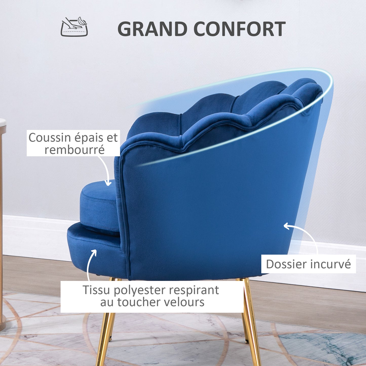 Fauteuil – Armstoel – Lounge Stoel – Relaxfauteuil – Clubstoel – Velvet Bekleding – Gouden Metalen Poten – 76x67x74 cm – Blauw