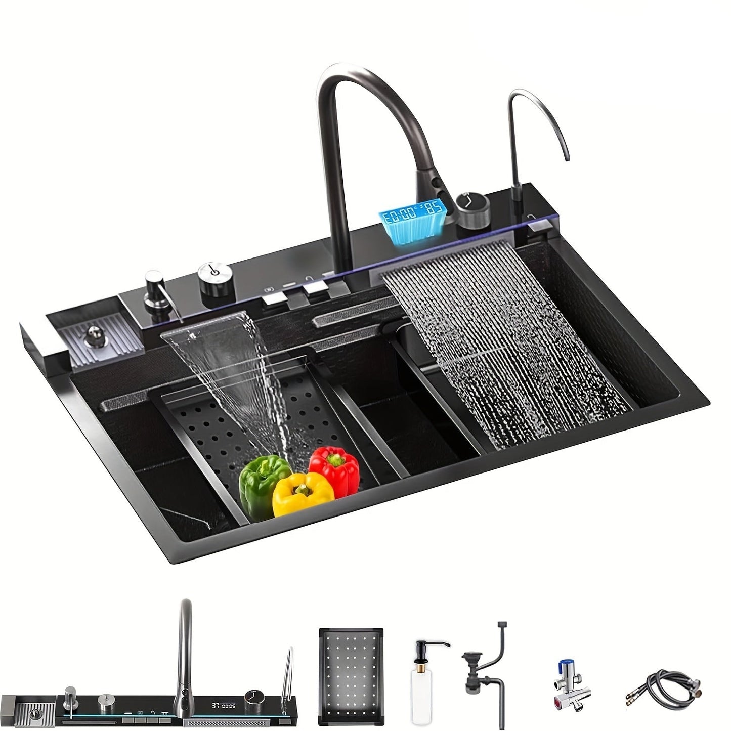 Keukenspoelbak – Spoelbak – Spoelbak RVS – Enkele Bak – Inbouw Spoelbak – Gunmetal Grijs – Grote Enkele Bak 68x45x22 cm – Honingraat Nano Coating & Waterval Afvoer