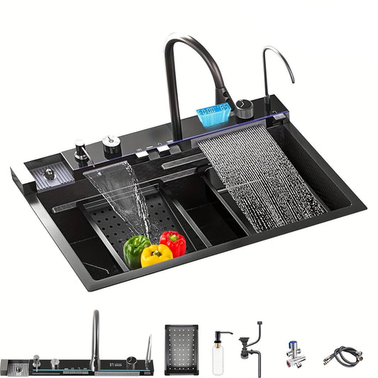 Keukenspoelbak – Spoelbak – Spoelbak RVS – Enkele Bak – Inbouw Spoelbak – Gunmetal Grijs – Grote Enkele Bak 68x45x22 cm – Honingraat Nano Coating & Waterval Afvoer