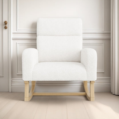 Schommelstoel – Relaxstoel – Fauteuil – Voedingsstoel – Loungestoel – Lammywol Bekleding – Ergonomische Hoge Rugleuning – Zijzakken – Wit