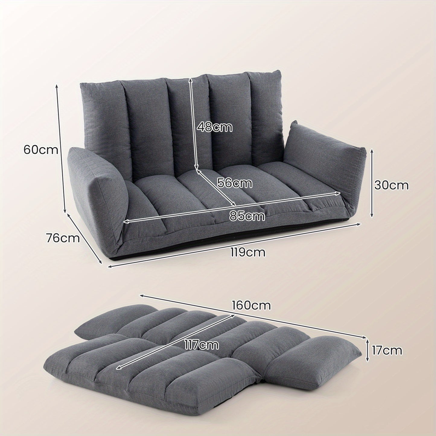 Vloersofa – Vloerstoel – Slaapbank – Loungefauteuil – Relaxstoel – 5-standen Verstelbare Rugleuning – Stevig Metalen Frame – Grijs