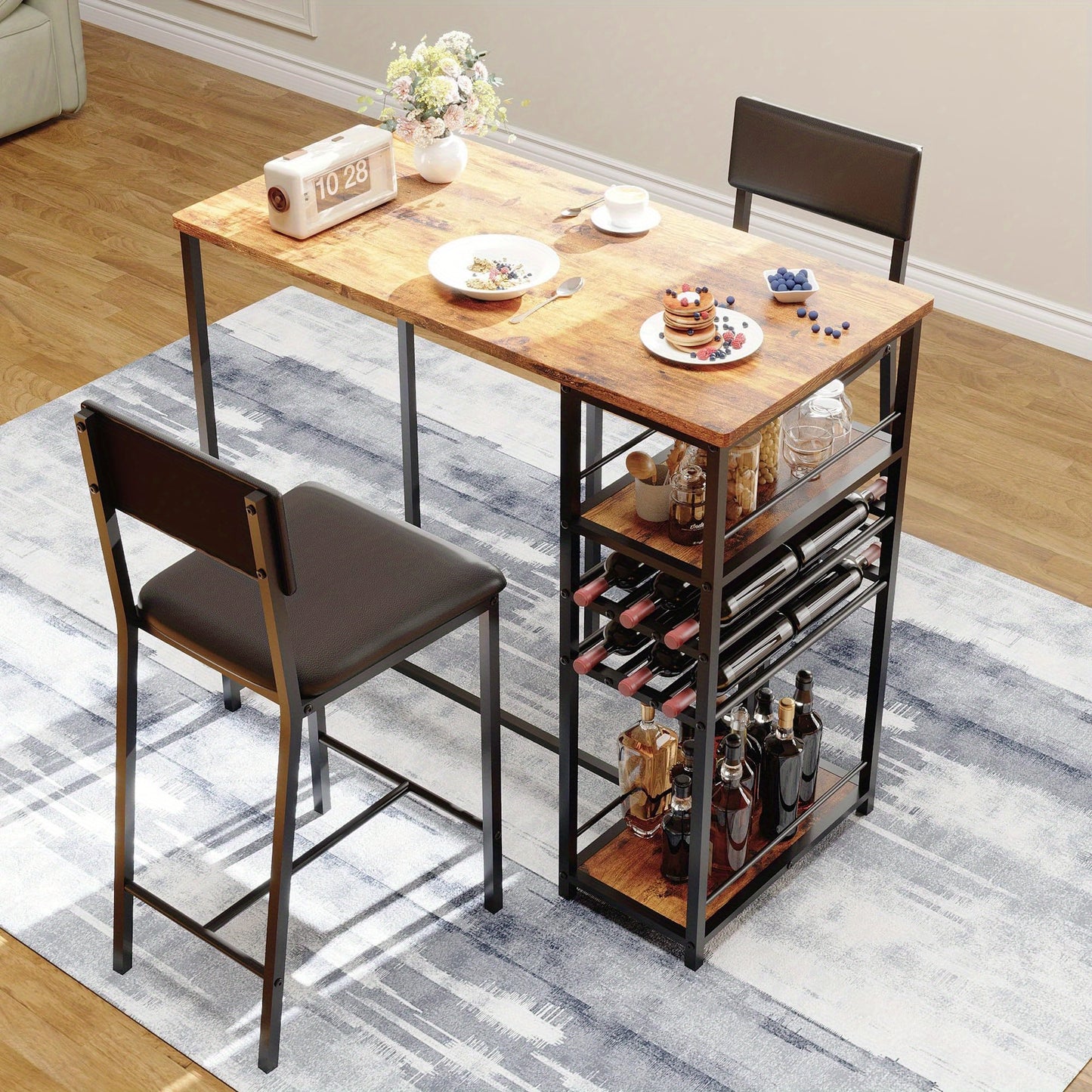 Space-Saving Small Dining Table Set with 2 Upholstered Chairs - Vintage Brown Bistro Table & Chairs for Apartment, Kitchen, or Home - Compact Meal Set with Seating, Easy Assembly Required