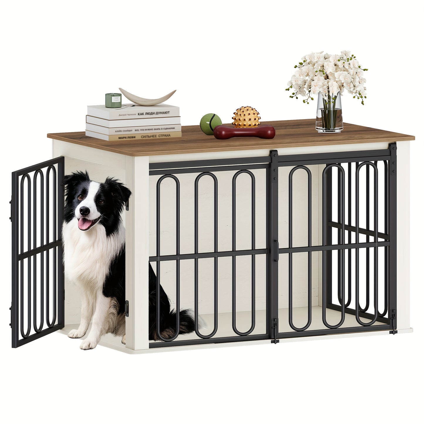 Hondenkennel – Hondenbench – Hondenkooi – Hondenren – Huisdierkooi – Hout – Dubbele Deuren Met Schuifmechanisme – Ruimtebesparend Design – Voor Kleine en Middelgrote Honden – Waterbestendig Spaanplaat – 60×100×62,4 cm – Bruin/Wit