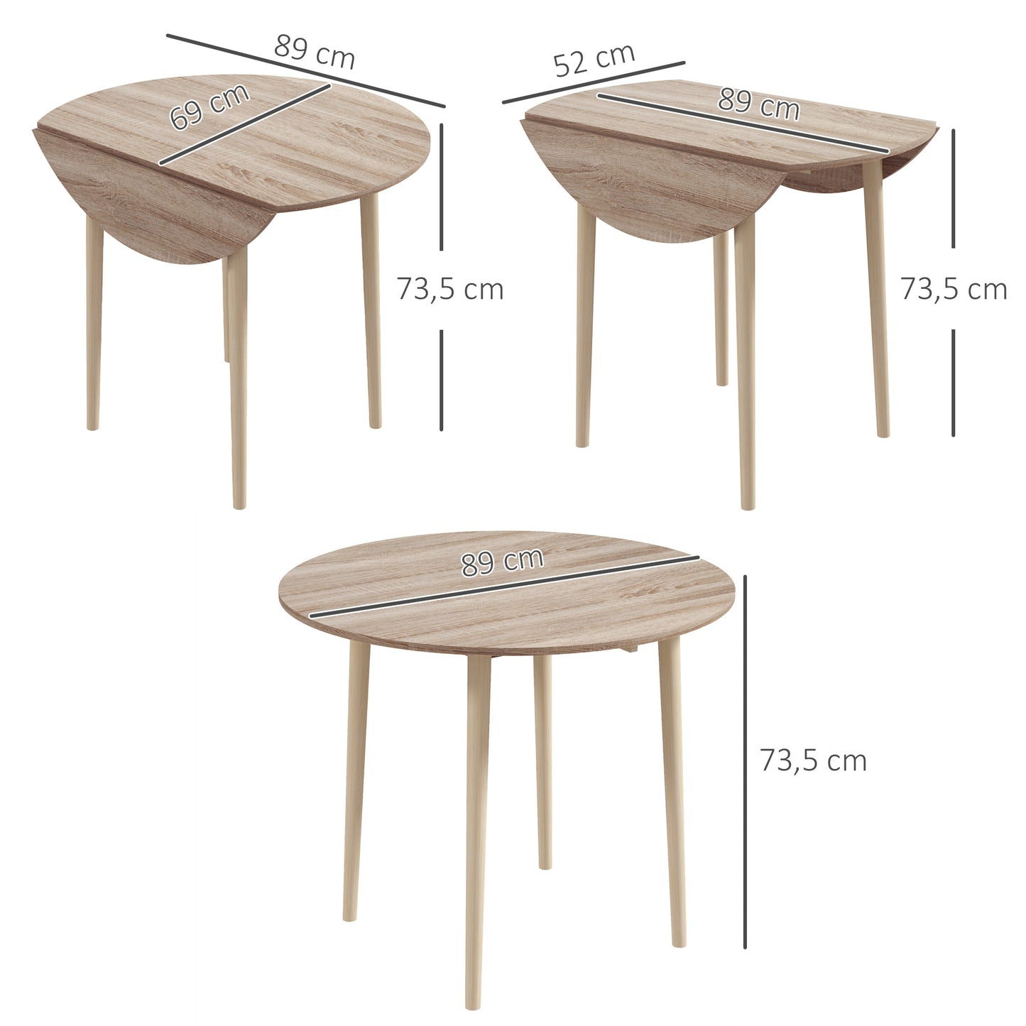 Eettafel – Uitschuifbare Tafel – Klaptafel – Ronde Tafel – Keukentafel – Ruimtebesparend Ontwerp – MDF Met Houten Poot – Ø 89 x 73,5 cm