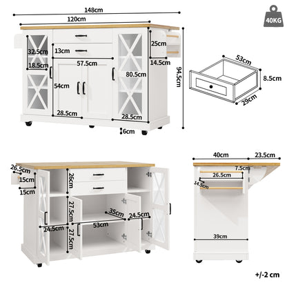 Mobile Kitchen Island with Wheels Castors - Adjustable Shelves & 2 Drawers, 4-Door Cabinet (2 Glass Doors), Compact Rolling Cart Suitable for Small Spaces, Assembly, Modern