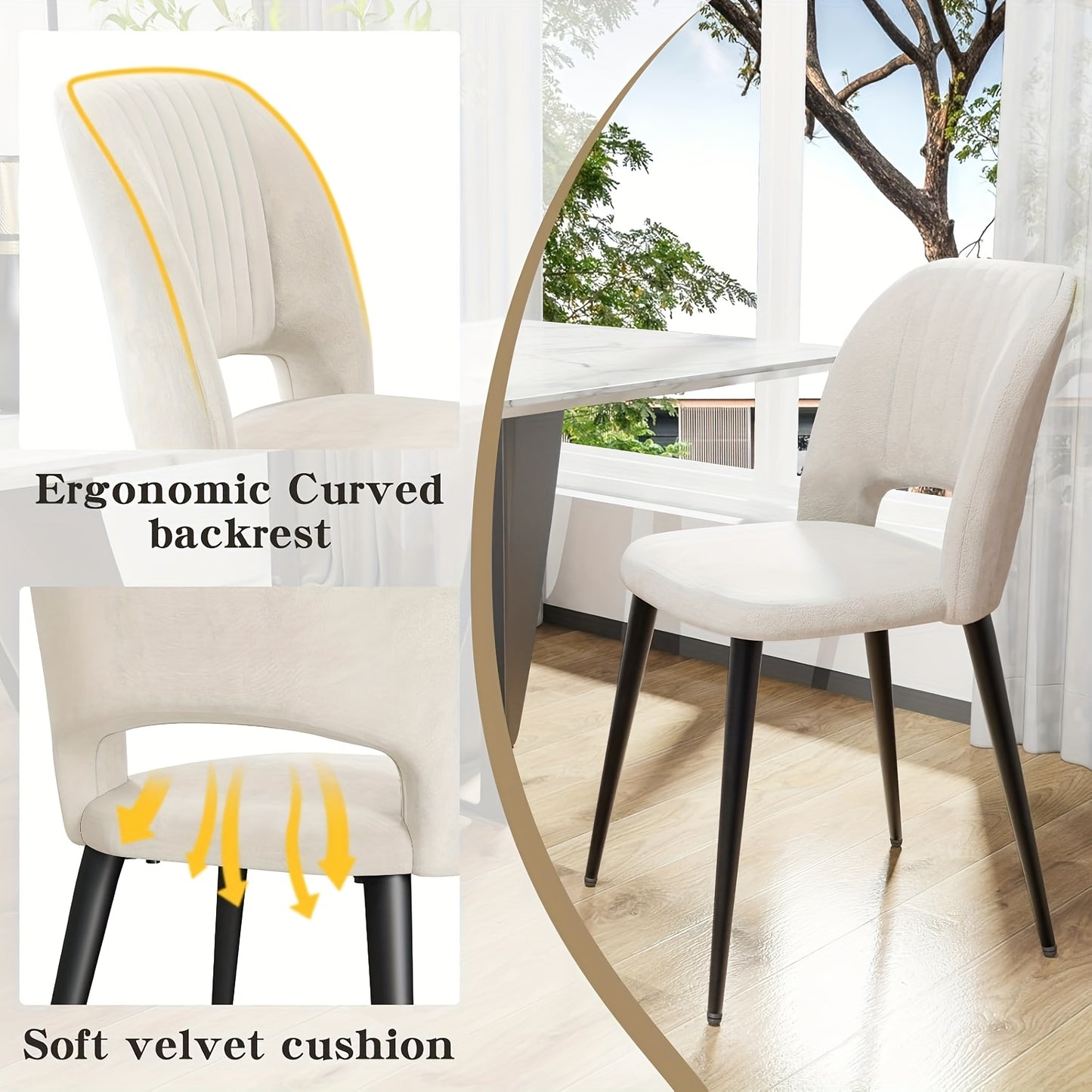 Eetkamerstoel – Stoel – Kuipstoel – Keukenstoel – Fauteuil – Velvet Bekleding – Ergonomisch Design – Set Van 2 – Metalen Poten – Wit – 48x45x85 cm