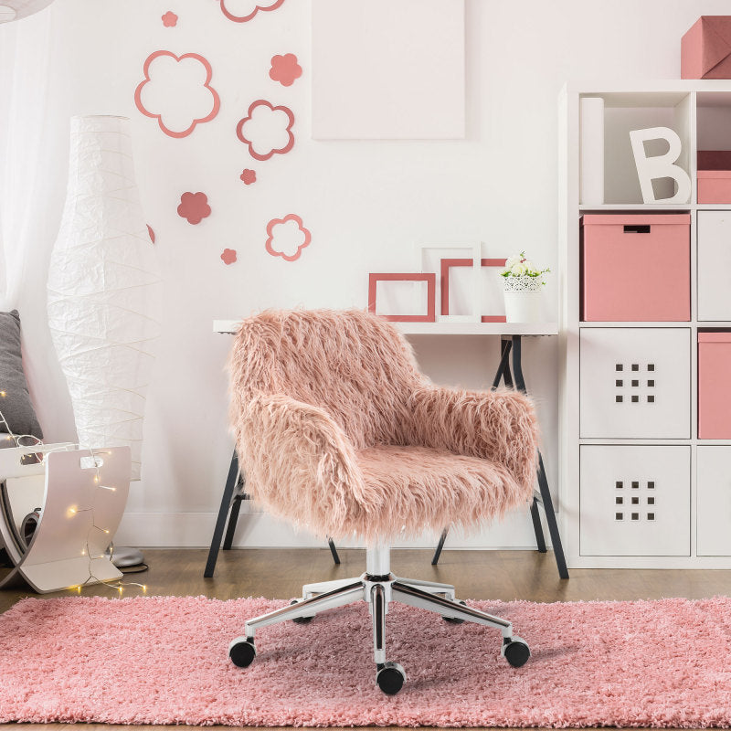 Bureaustoel – Bureaustoel met Armleuningen – Werkstoel – Kantoormeubilair – Roze Kunstvacht – Verstelbare Hoogte – Roestvrijstalen Frame – Zachte Pluche Bekleding