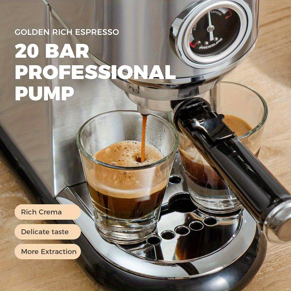1 Unit CAFELFFEMK-601 Espresso Machine with Milk Frother, 20bar Extraction, Visible Pressure Gauge, Stainless Steel Body, Removable Drip Tray, 1.1L Water Capacity, Coffee Shop Gift Suitable for Lovers/father/mother, Office Eq