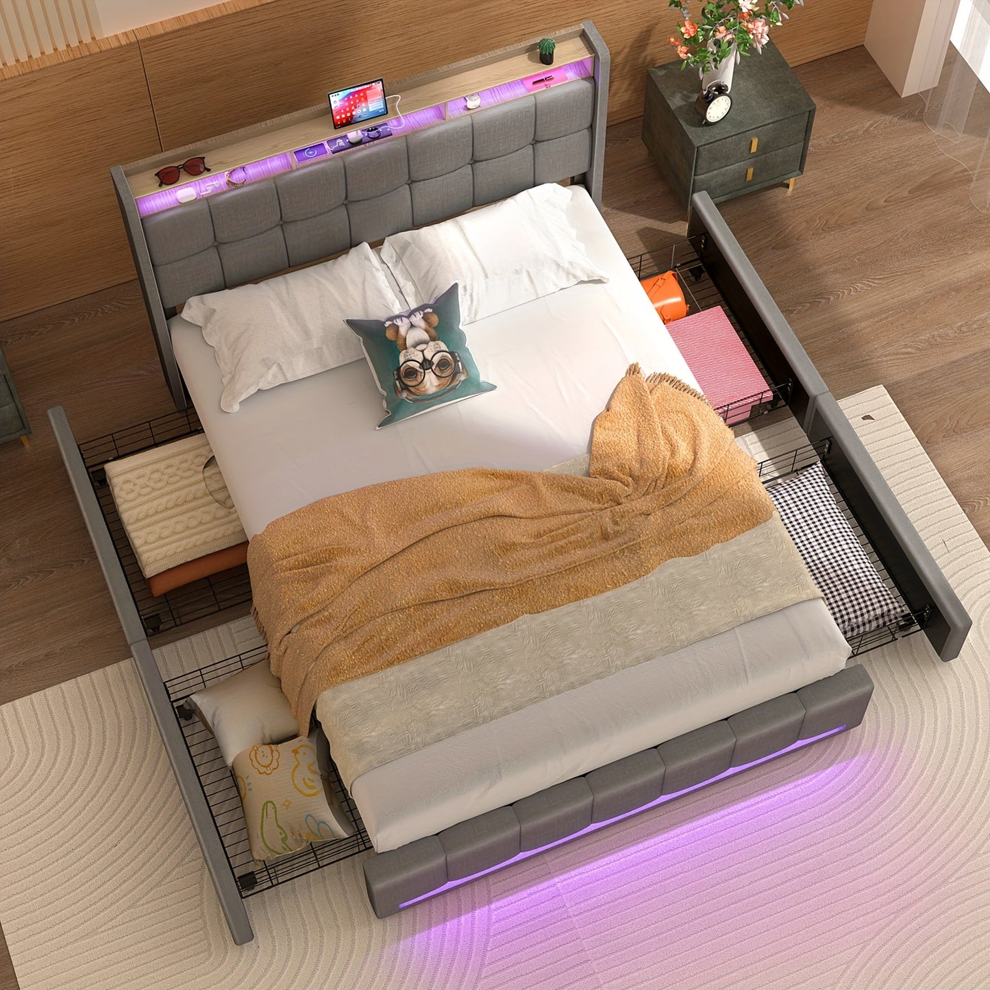Bedframe – Bed – Led Bed – Opbergbed – Slaapkamer Meubel – 140x200 cm – RGB LED Verlichting – 4 Uitschuifbare Lades