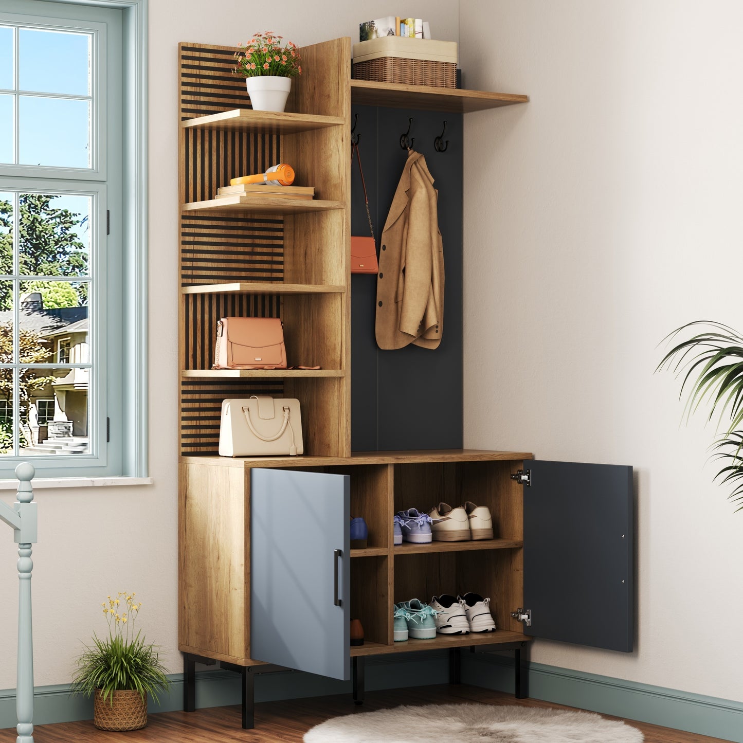 Halmeubelset – Kapstok – Garderobekast – Halmeubel – Entremeubel – Modern Design – Verstelbare Legplank – Metalen Poten – Compact 100×40×190,5 cm – Houtlook Grijs