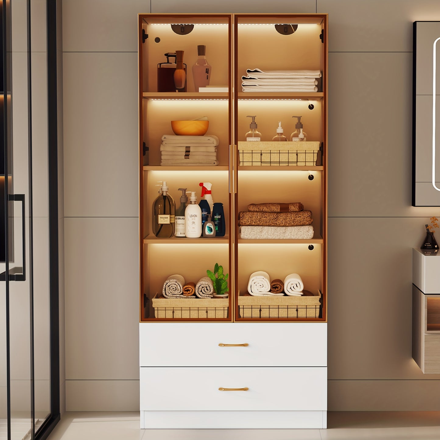 Middelgrote Vitrinekast / Display Cabinet – 75 cm Breed • 2 Grote Laden & 2 Glazen Deuren – Voor Slaapkamer, Woonkamer of Kantoor